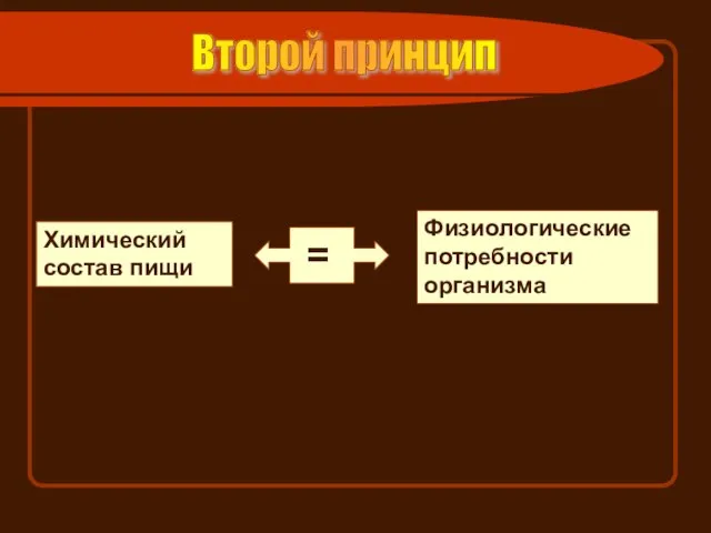 Второй принцип Химический состав пищи Физиологические потребности организма =