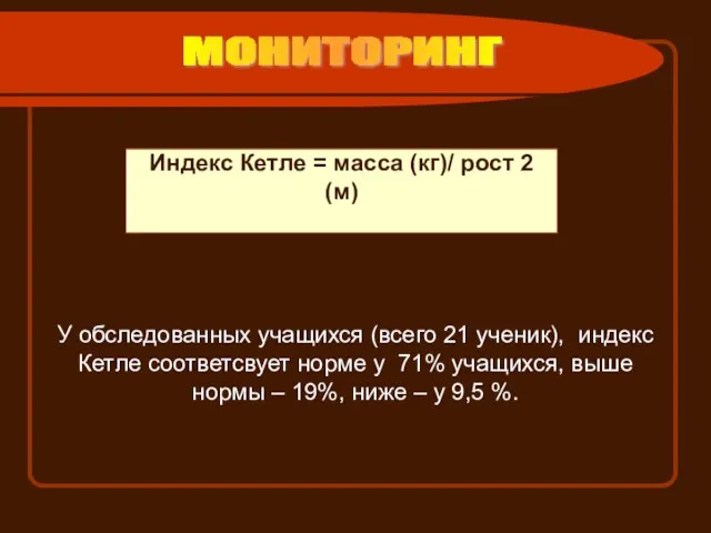 Индекс Кетле = масса (кг)/ рост 2 (м) МОНИТОРИНГ У обследованных учащихся