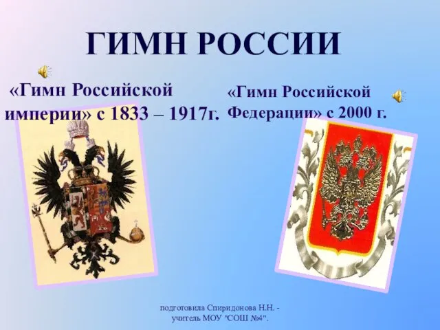 подготовила Спиридонова Н.Н. - учитель МОУ "СОШ №4". Гимн России «Гимн Российской