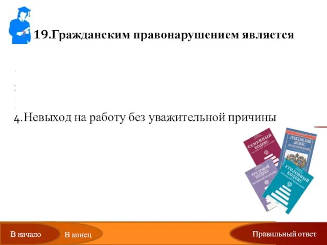 Правильный ответ 19.Гражданским правонарушением является Продажа недоброкачественного товара в магазине Несанкционированный митинг