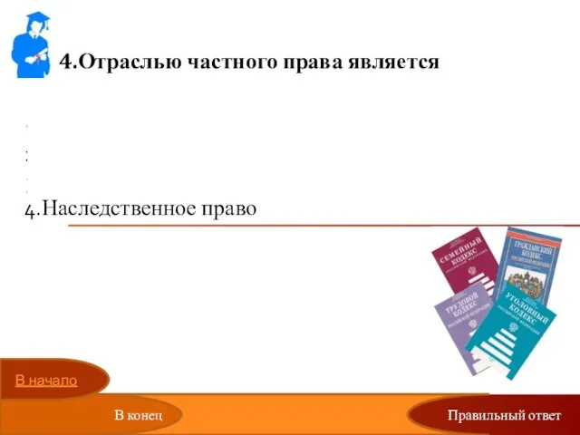 4.Отраслью частного права является Избирательное право Экологическое право Финансовое право Наследственное право