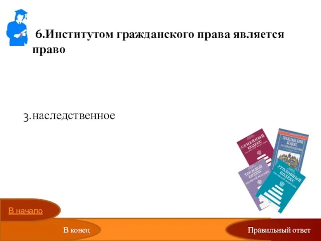 Правильный ответ 6.Институтом гражданского права является право гуманитарное международное наследственное политическое В начало В конец