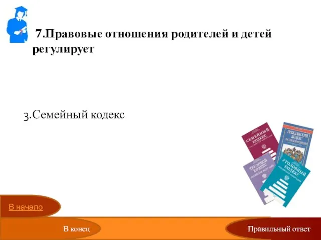 Правильный ответ 7.Правовые отношения родителей и детей регулирует Конвенция о правах ребенка