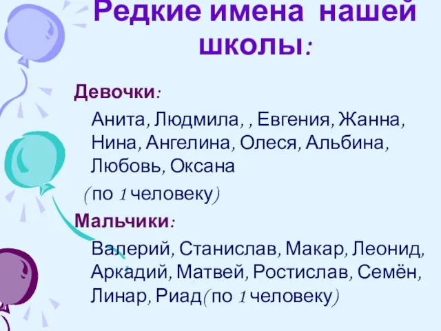 Редкие имена нашей школы: Девочки: Анита, Людмила, , Евгения, Жанна, Нина, Ангелина,