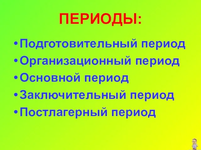 ПЕРИОДЫ: Подготовительный период Организационный период Основной период Заключительный период Постлагерный период