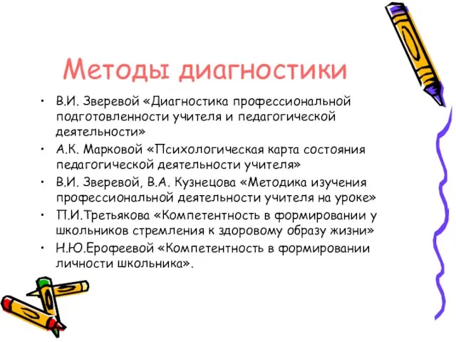 Методы диагностики В.И. Зверевой «Диагностика профессиональной подготовленности учителя и педагогической деятельности» А.К.