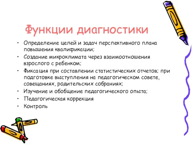 Функции диагностики Определение целей и задач перспективного плана повышения квалификации; Создание микроклимата