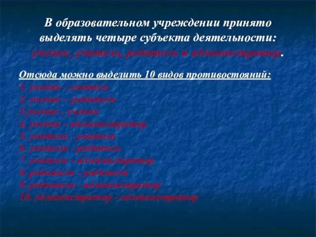 В образовательном учреждении принято выделять четыре субъекта деятельности: ученик, учитель, родитель и