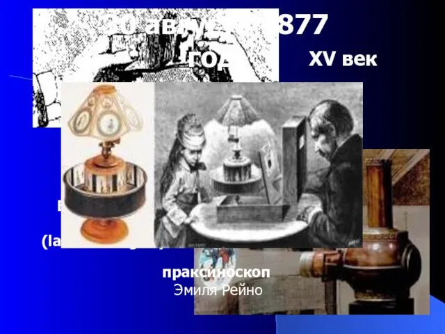 Волшебный фонарь (laterna magica) XVII век XV век праксиноскоп Эмиля Рейно 30 августа 1877 год.