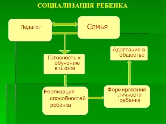 СОЦИАЛИЗАЦИЯ РЕБЕНКА Готовность к обучению в школе Реализация способностей ребенка Адаптация в