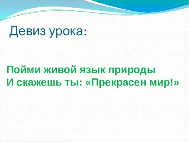 Девиз урока: Пойми живой язык природы И скажешь ты: «Прекрасен мир!»