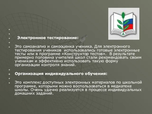 Электронное тестирование: Это самоанализ и самооценка ученика. Для электронного тестирования учеников использовались