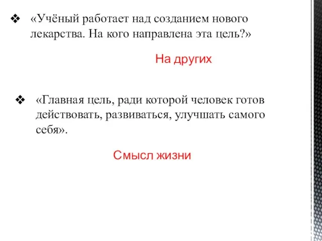 «Учёный работает над созданием нового лекарства. На кого направлена эта цель?» «Главная