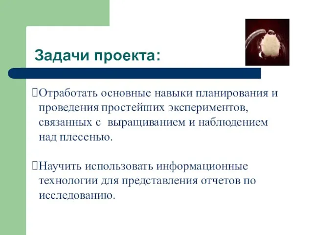 Задачи проекта: Отработать основные навыки планирования и проведения простейших экспериментов, связанных с