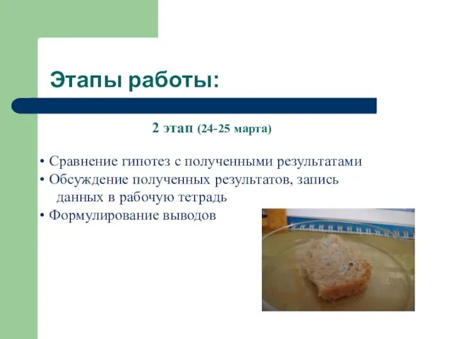 Этапы работы: 2 этап (24-25 марта) Сравнение гипотез с полученными результатами Обсуждение