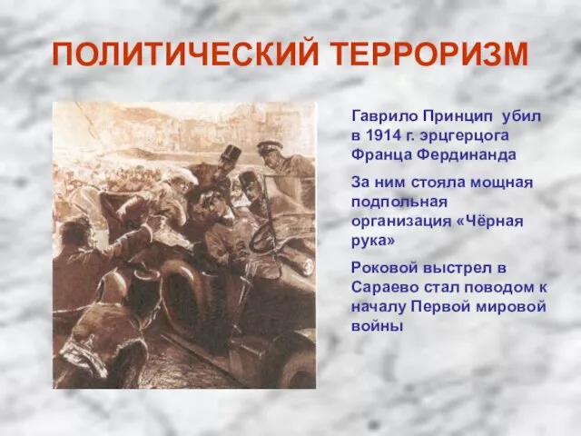 ПОЛИТИЧЕСКИЙ ТЕРРОРИЗМ Гаврило Принцип убил в 1914 г. эрцгерцога Франца Фердинанда За