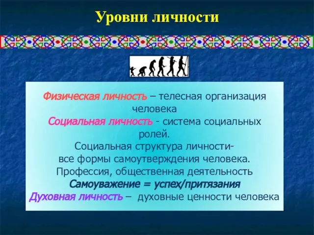 Уровни личности Физическая личность – телесная организация человека Социальная личность - система