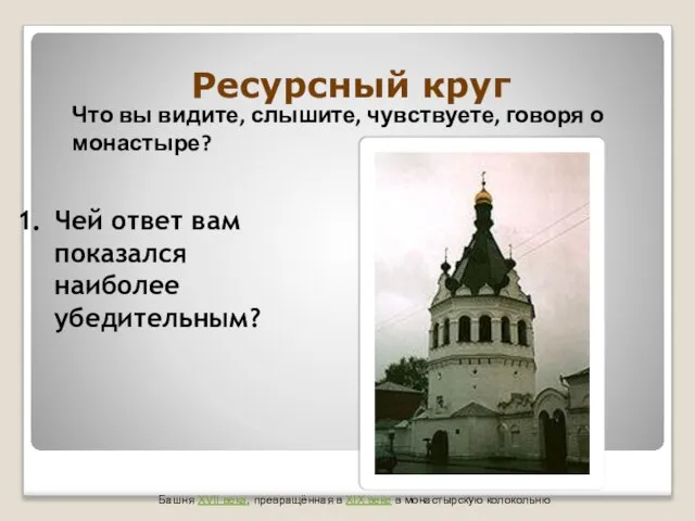 Ресурсный круг Что вы видите, слышите, чувствуете, говоря о монастыре? Чей ответ