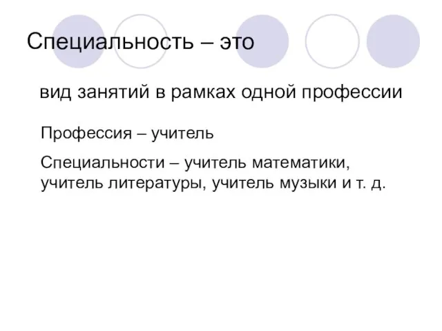 Специальность – это вид занятий в рамках одной профессии Профессия – учитель