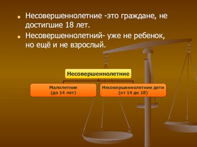 Несовершеннолетние -это граждане, не достигшие 18 лет. Несовершеннолетний- уже не ребенок, но ещё и не взрослый.