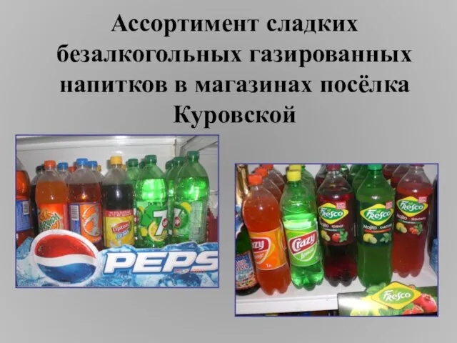 Ассортимент сладких безалкогольных газированных напитков в магазинах посёлка Куровской