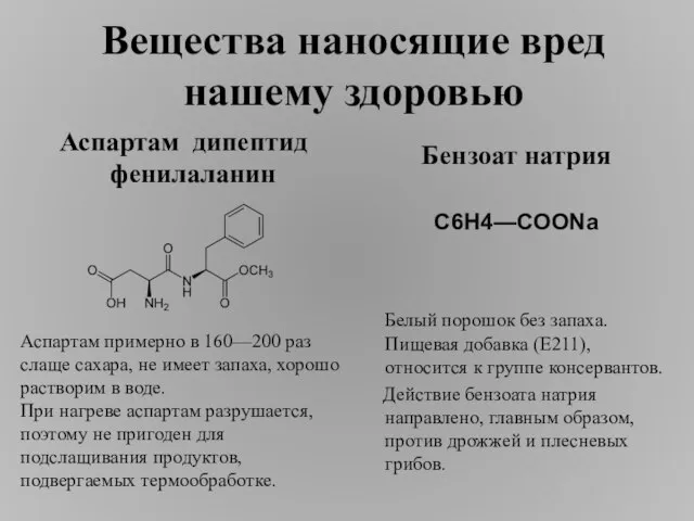 Аспартам дипептид фенилаланин Бензоат натрия C6H4—COONa Белый порошок без запаха. Пищевая добавка