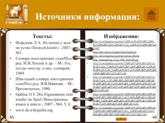 Источники информации: Тексты: Нефедова Л.А. Их имена у всех на устах//Deutsch kreativ.-