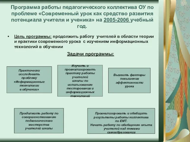 Программа работы педагогического коллектива ОУ по проблеме «Современный урок как средство развития