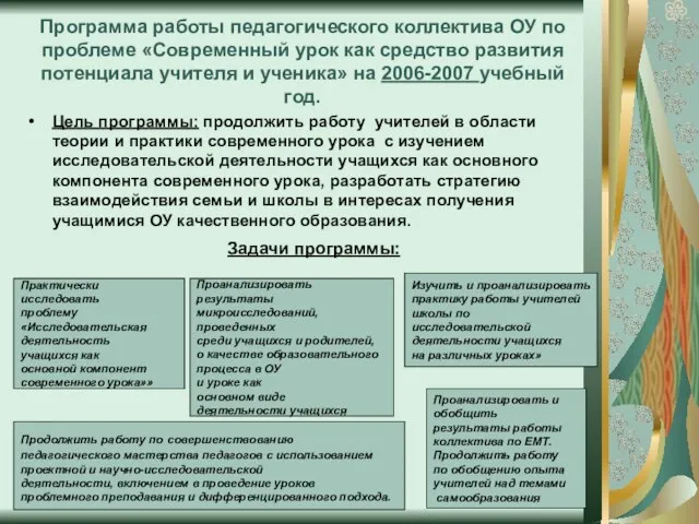 Программа работы педагогического коллектива ОУ по проблеме «Современный урок как средство развития