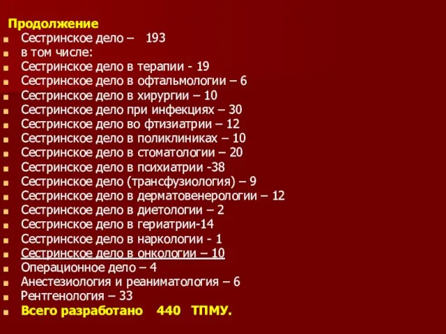 Продолжение Сестринское дело – 193 в том числе: Сестринское дело в терапии