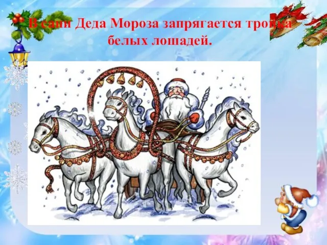 В сани Деда Мороза запрягается тройка белых лошадей.