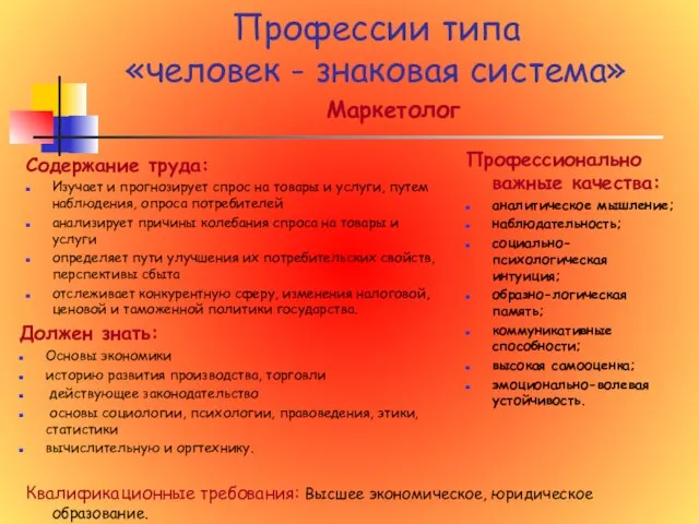 Профессии типа «человек - знаковая система» Маркетолог Содержание труда: Изучает и прогнозирует