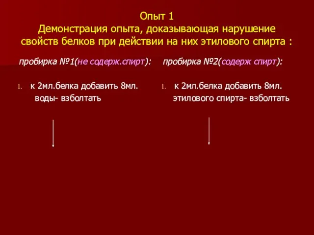 Опыт 1 Демонстрация опыта, доказывающая нарушение свойств белков при действии на них