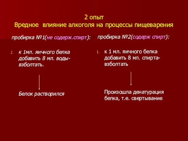 2 опыт Вредное влияние алкоголя на процессы пищеварения пробирка №1(не содерж.спирт): к