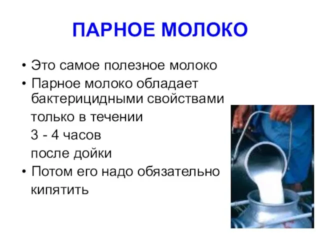 ПАРНОЕ МОЛОКО Это самое полезное молоко Парное молоко обладает бактерицидными свойствами только