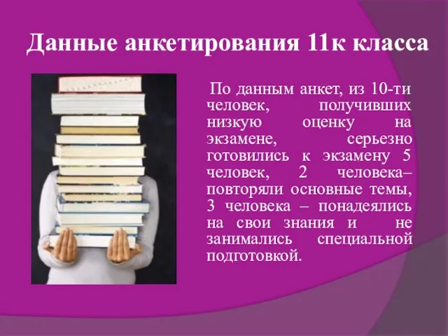 Данные анкетирования 11к класса По данным анкет, из 10-ти человек, получивших низкую