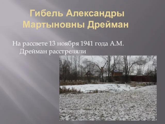 Гибель Александры Мартыновны Дрейман На рассвете 13 ноября 1941 года А.М.Дрейман расстреляли