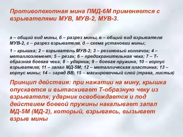 Противопехотная мина ПМД-6М применяется с взрывателями МУВ, МУВ-2, МУВ-3. а – общий