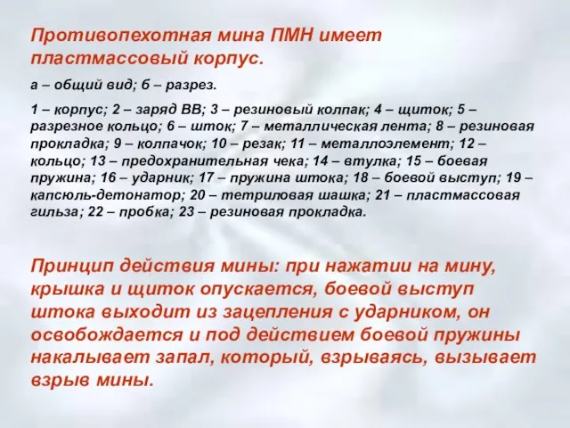 Противопехотная мина ПМН имеет пластмассовый корпус. а – общий вид; б –