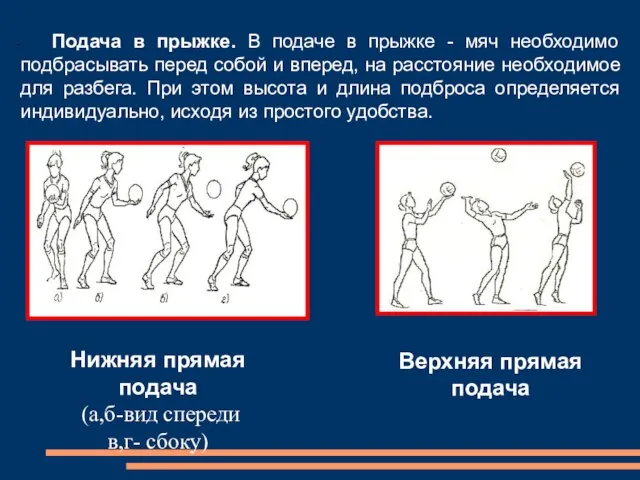 Подача в прыжке. В подаче в прыжке - мяч необходимо подбрасывать перед