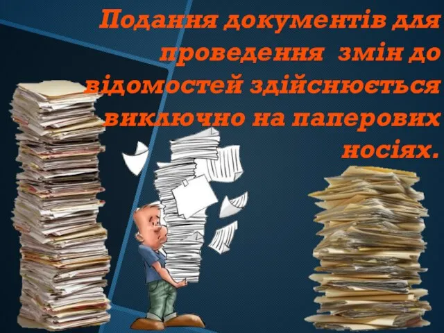 Подання документів для проведення змін до відомостей здійснюється виключно на паперових носіях.