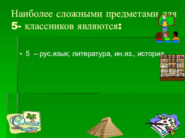 Наиболее сложными предметами для 5- классников являются: 5 – рус.язык; литература, ин.яз., история.