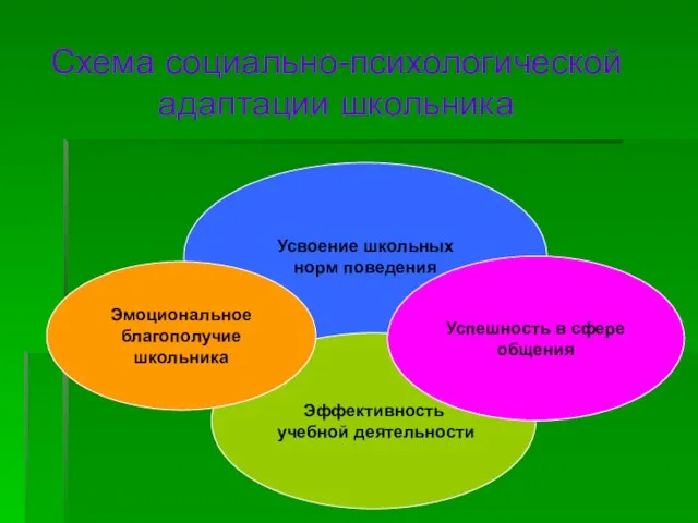 Схема социально-психологической адаптации школьника Усвоение школьных норм поведения Эффективность учебной деятельности Эмоциональное