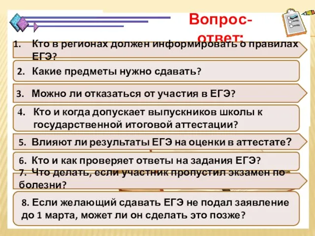 Вопрос-ответ: 2. Кто в регионах должен информировать о правилах ЕГЭ? 3. Можно