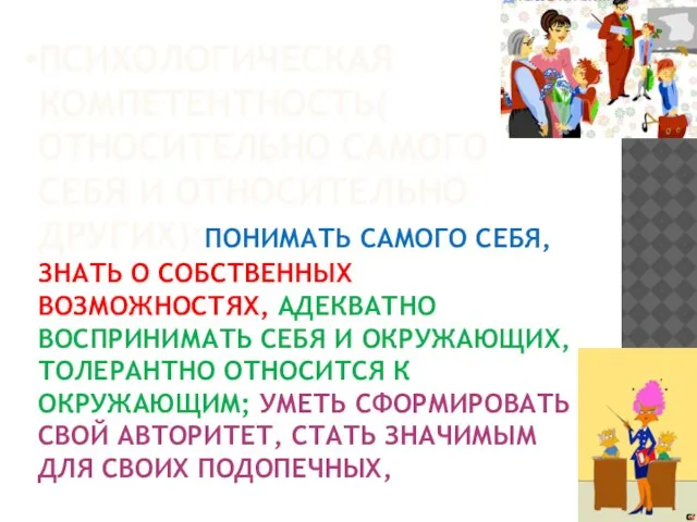 Психологическая компетентность( относительно самого себя и относительно других):понимать самого себя, знать о