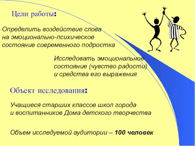 Цели работы: Определить воздействие слова на эмоционально-психическое состояние современного подростка Исследовать эмоциональное