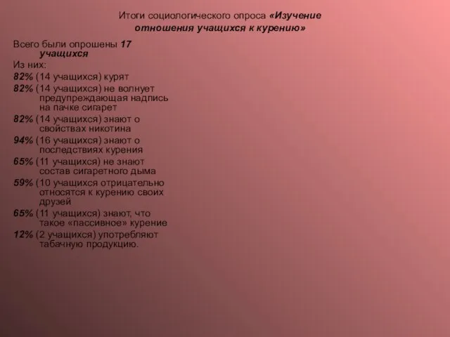 Итоги социологического опроса «Изучение отношения учащихся к курению» Всего были опрошены 17