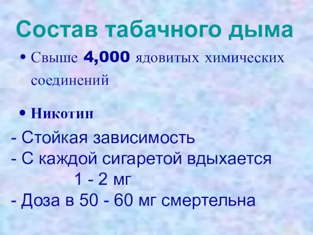 Состав табачного дыма Свыше 4,000 ядовитых химических соединений Никотин - Стойкая зависимость