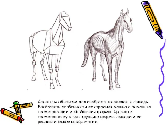 Сложным объектом для изображения является лошадь. Вообразить особенности ее строения можно с