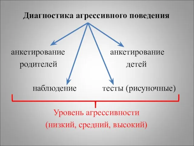 Диагностика агрессивного поведения анкетирование анкетирование родителей детей наблюдение тесты (рисуночные) Уровень агрессивности (низкий, средний, высокий)